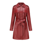 Elegant long leather Women's coat with belt and lapels