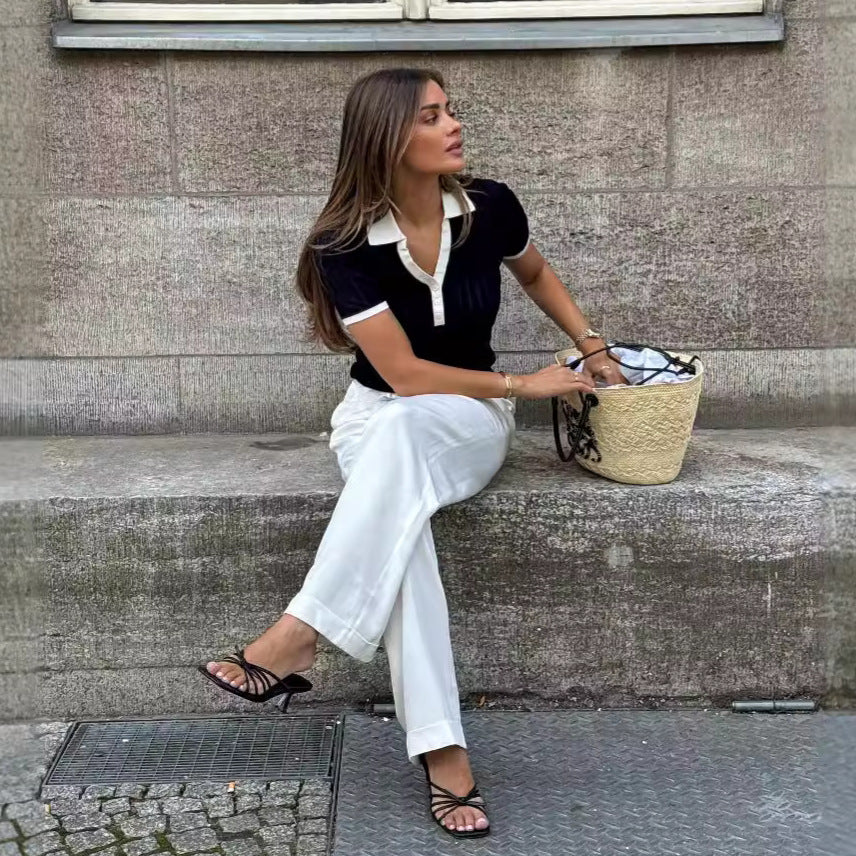Damen-Poloshirt aus geripptem Strick, tailliert