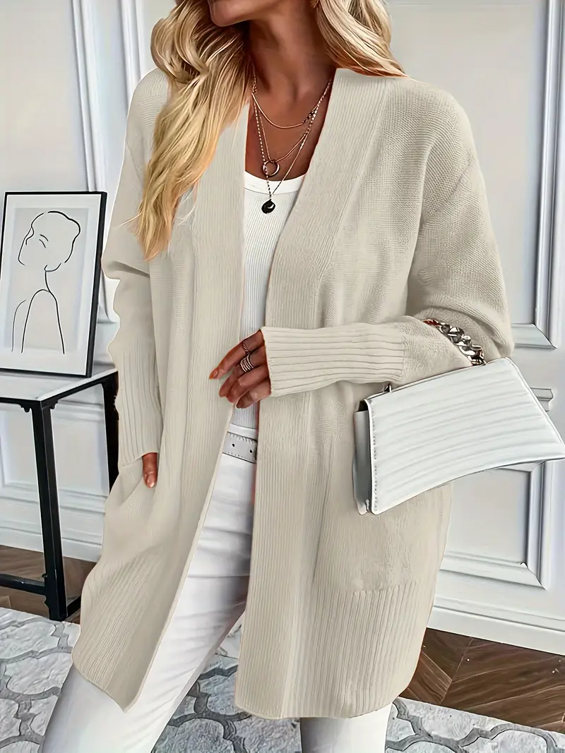 Women's Knit Sweater with Crew Neck and Relaxed Fit - White