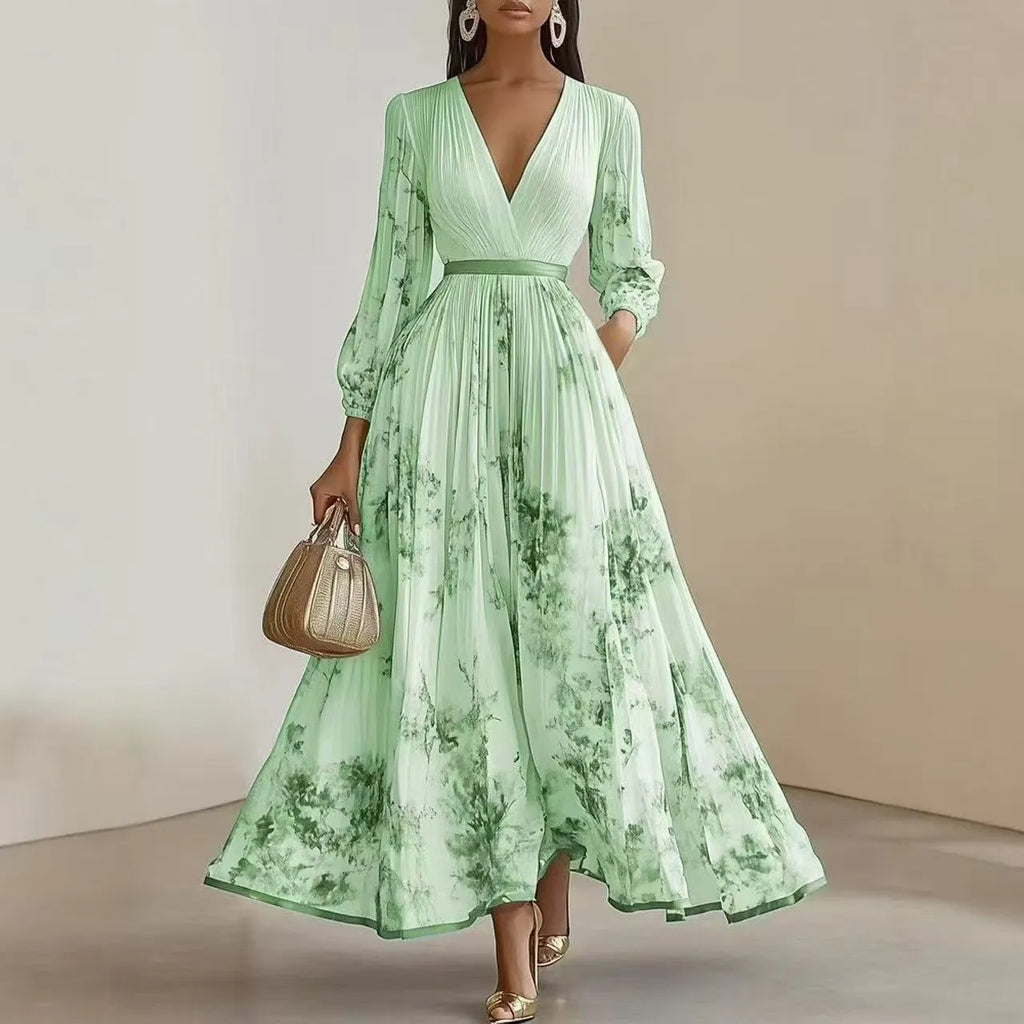 Women's V-Neck Long-Sleeve Pleated Floral Maxi Dress with Ribbon Tie Waist