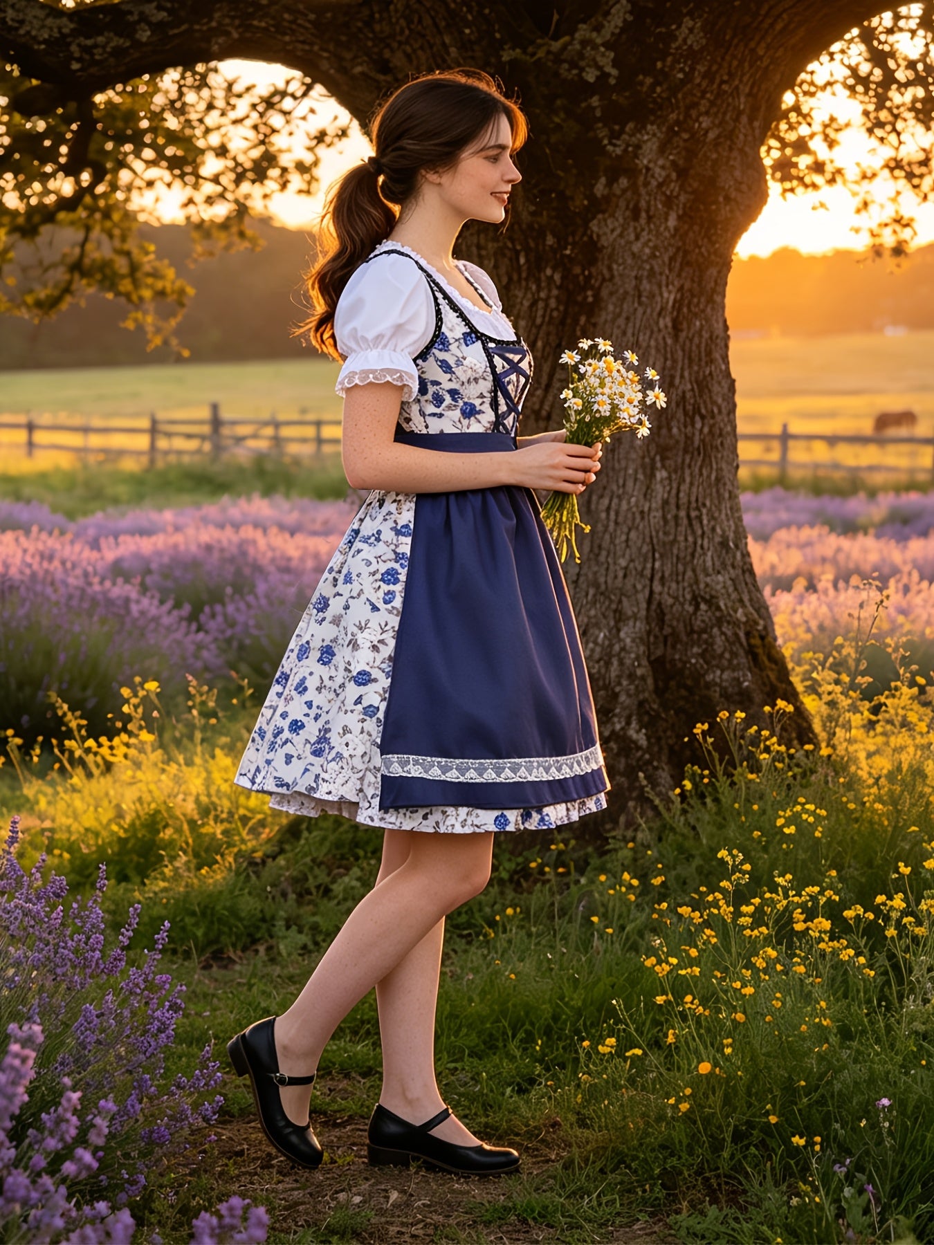 Dirndl Set Damen Oktoberfest Trachtenkleid | Bayerisches Dirndl mit Blumenmuster | Dirndl Set, Wiesn Kleid, festlich