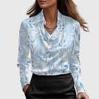 Women's Blouse with Pleated Neckline and Chest Pocket - Light Blue Floral