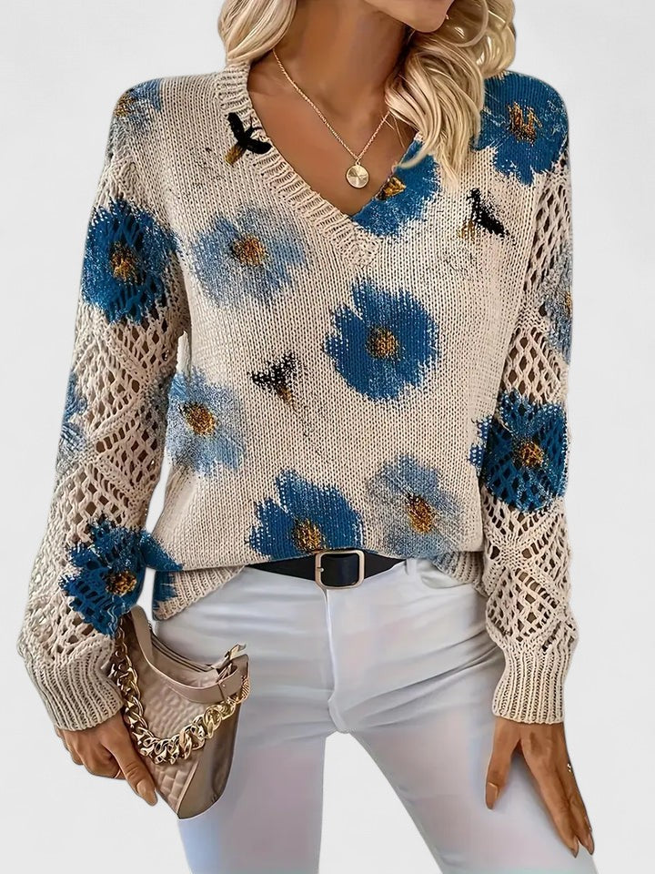 Women's Autumn Blouse with Floral Pattern and V-Neck - Blue