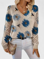 Women's Autumn Blouse with Floral Pattern and V-Neck - Blue