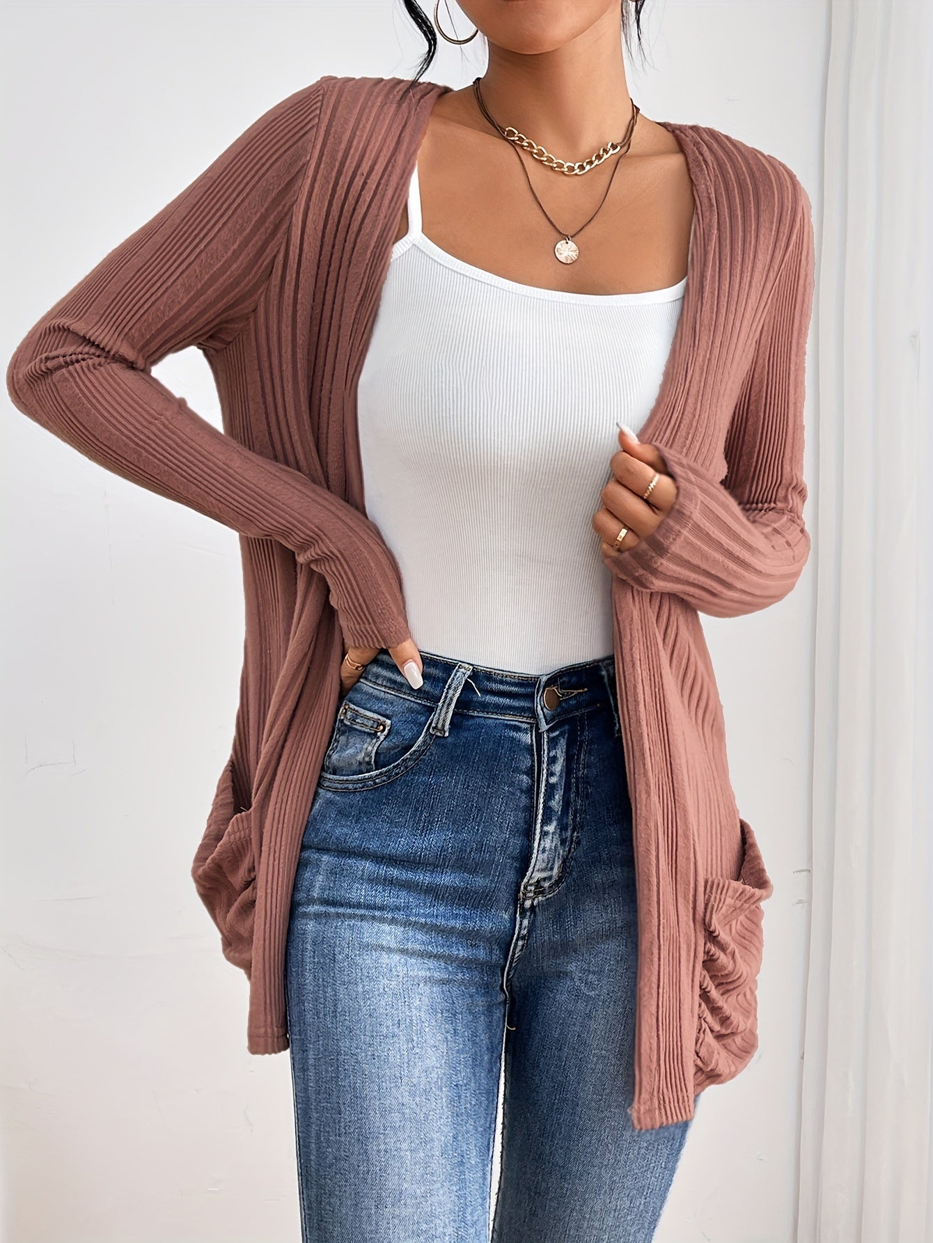 Drop shoulder ribbed cardigan | Soft Knit Open Front Casual Layer
