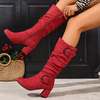 Damen-Stiefel mit gerafftem Schaft und Blockabsatz, kniehoch