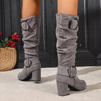 Damen-Stiefel mit gerafftem Schaft und Blockabsatz, kniehoch