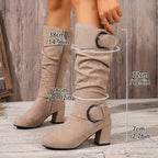 Damen-Stiefel mit gerafftem Schaft und Blockabsatz, kniehoch