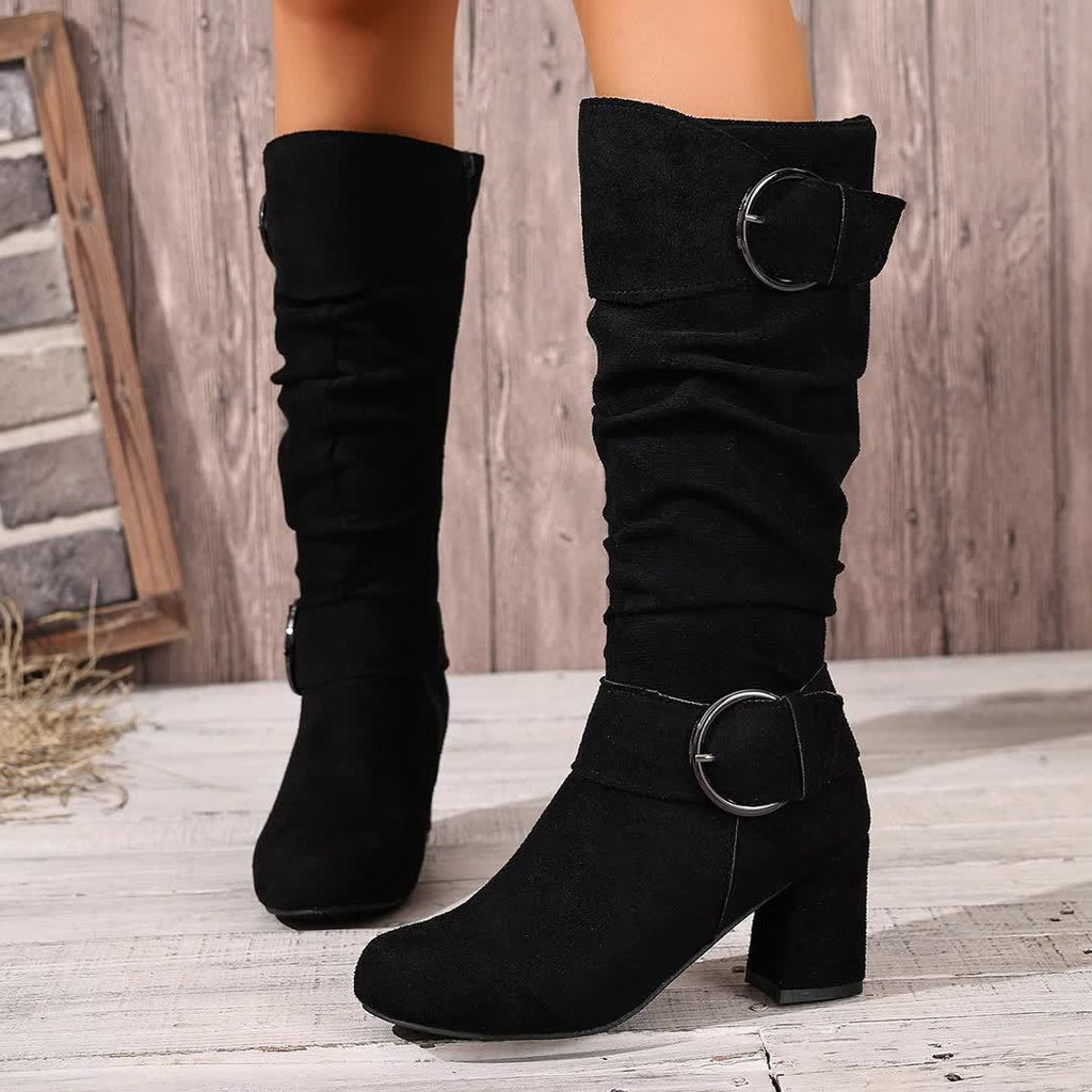 Damen-Stiefel mit gerafftem Schaft und Blockabsatz, kniehoch