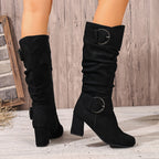Damen-Stiefel mit gerafftem Schaft und Blockabsatz, kniehoch