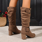 Damen-Stiefel mit gerafftem Schaft und Blockabsatz, kniehoch