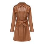 Elegant long leather Women's coat with belt and lapels
