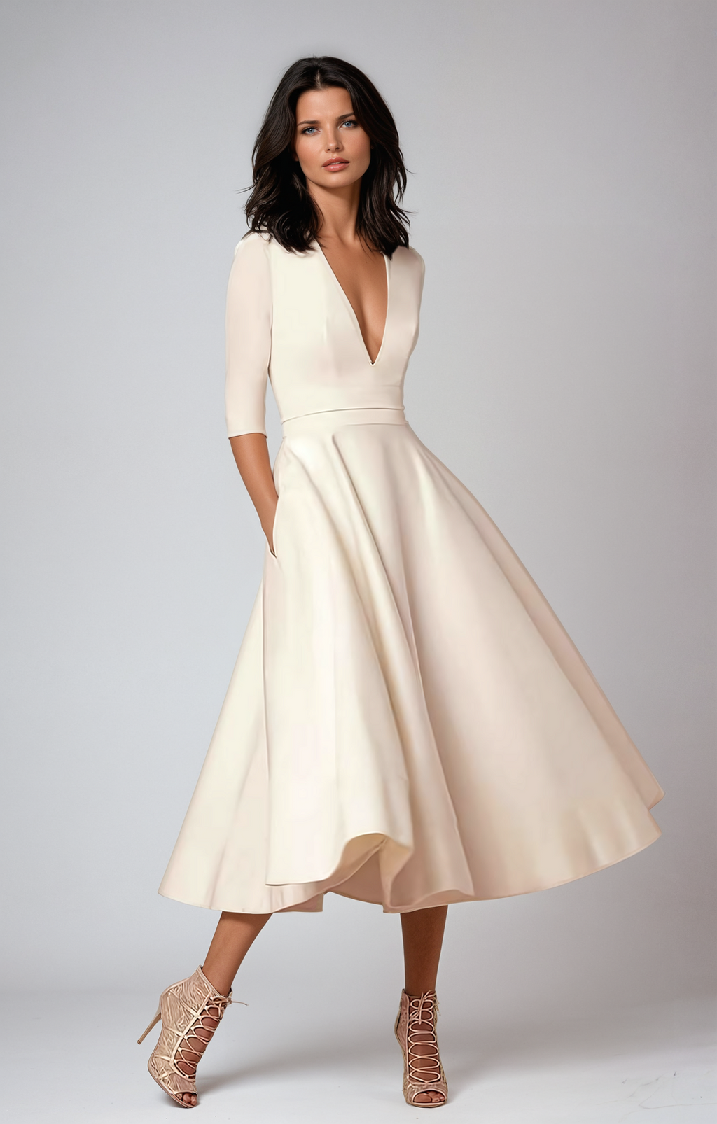Women's Autumn A-Line Swing Dress, 60s Vintage Sleeveless Midi Dress for Cocktail and Party Occasions - Beige