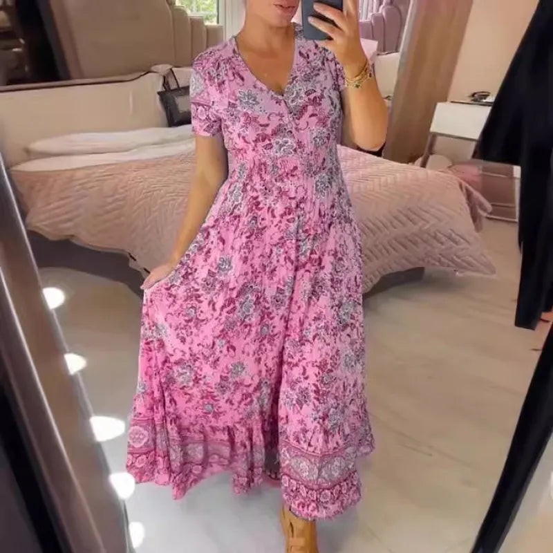 Women's Summer Dress with V-Neck – Floral Pattern - Pink