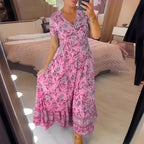 Women's Summer Dress with V-Neck – Floral Pattern - Pink
