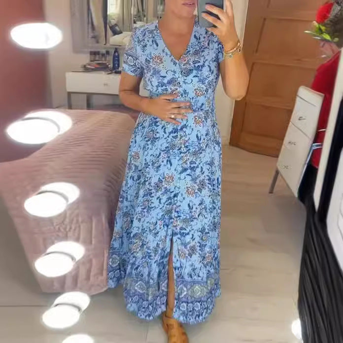 Women's Summer Dress with V-Neck – Floral Pattern - Sky Blue