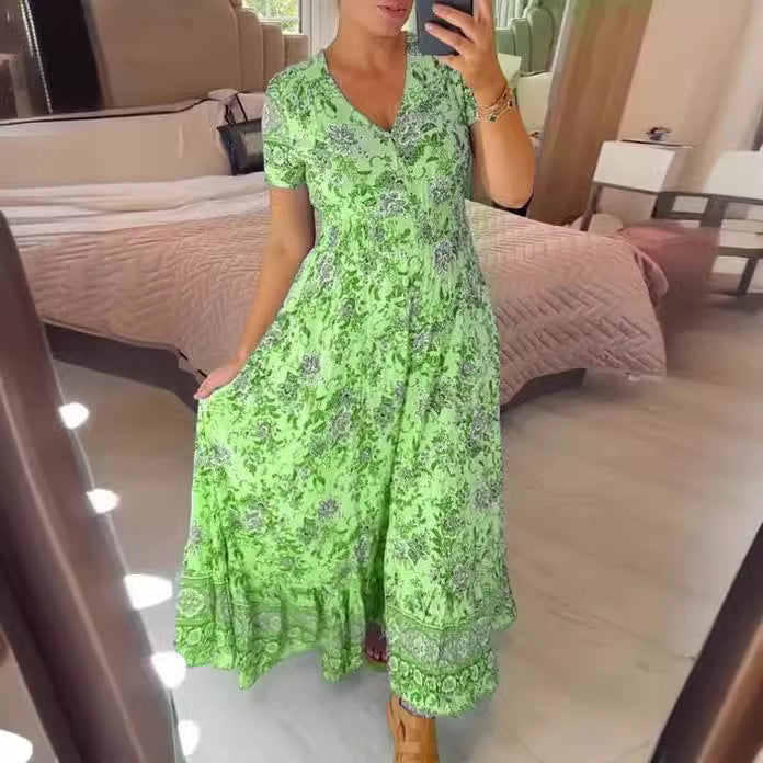 Women's Summer Dress with V-Neck – Floral Pattern - Light Green