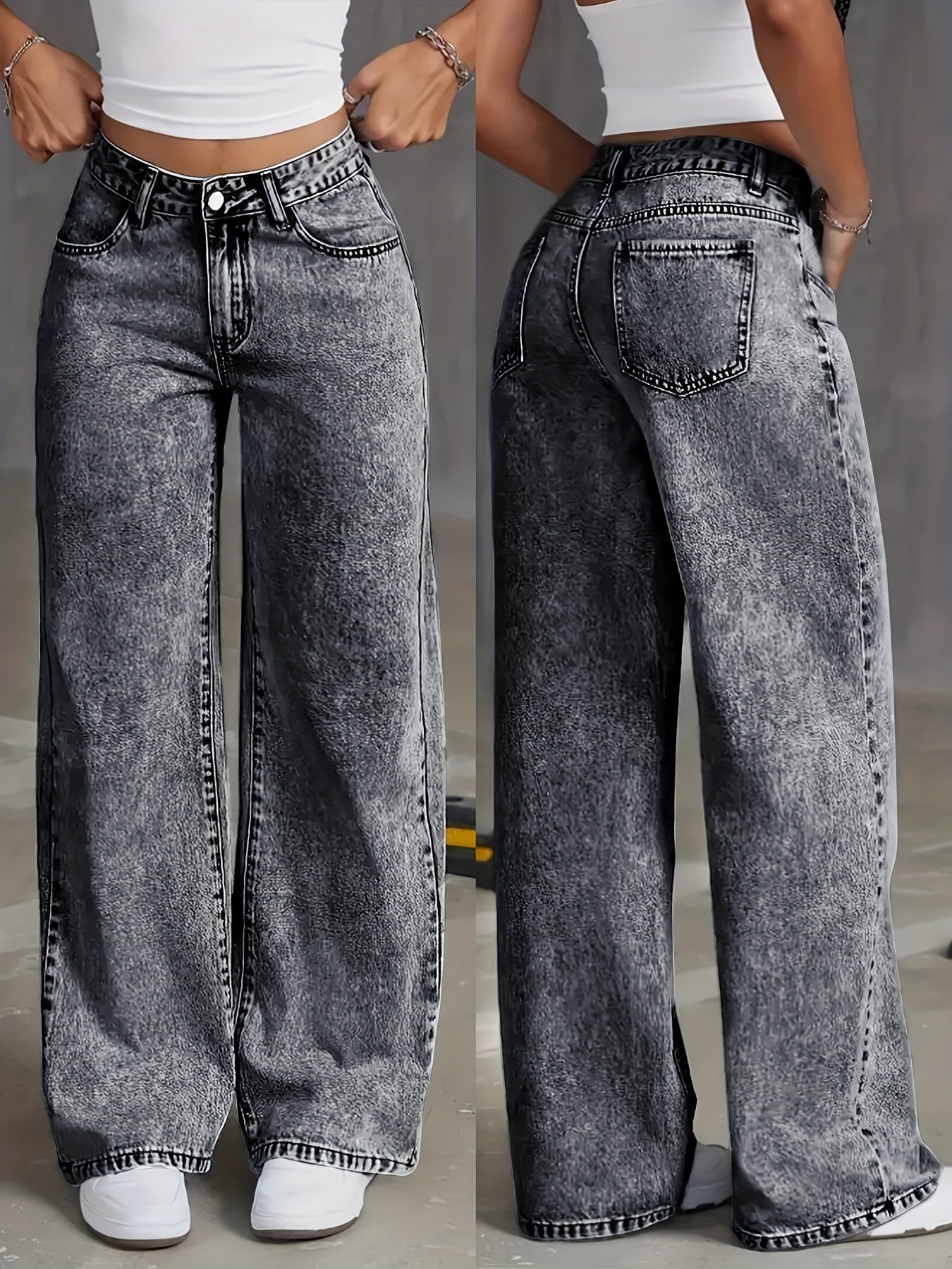 Damen Stretch Weite Loose Fit Gerade Graue Jeans | Denim-Hose mit Taschen