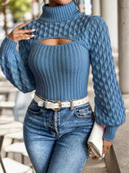 Lässiges Oberteil mit Laternenärmeln, einfarbig, hochgeschlossen, vorne ausgeschnitten, französischer Pullover