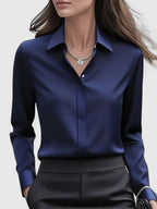 Women's Long-Sleeve Top with Concealed Button Placket and Rounded Hem - Navy
