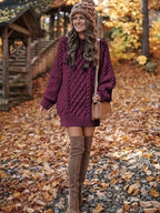 Damen-Pulloverkleid Midi, Damen-Langarm-Strickkleid mit Rundhalsausschnitt und Textur