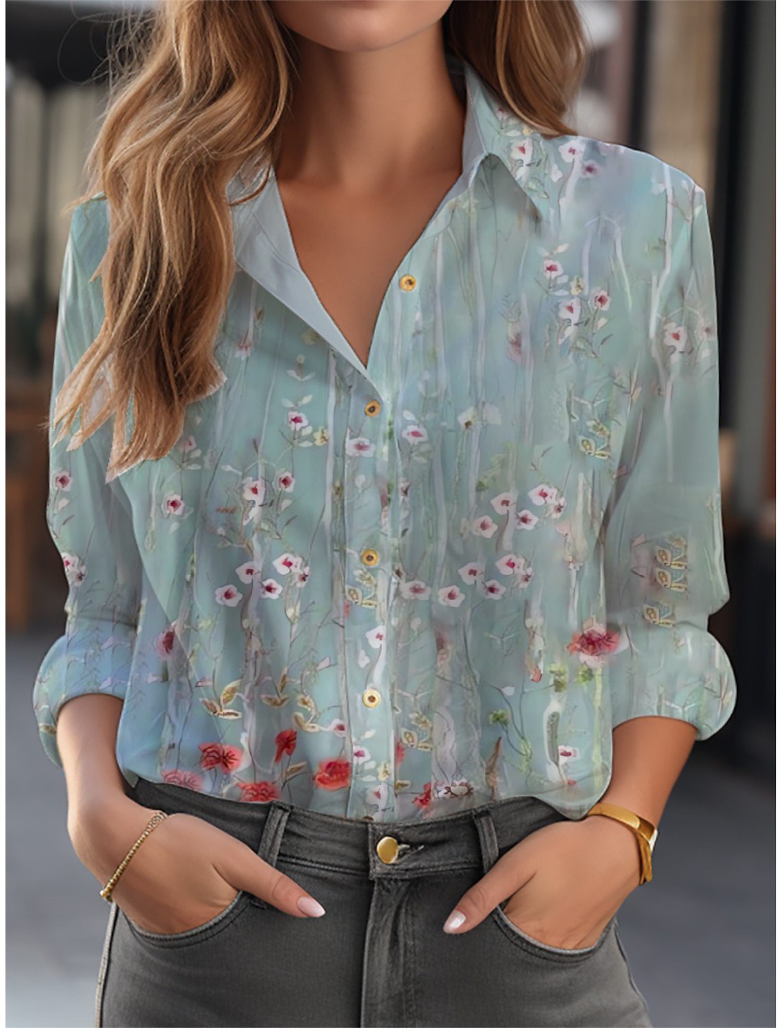 Women’s Floral Print Blouse with Relaxed Fit & Long Sleeves