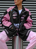 Women's Vintage Raglan Motorcycle Jacket Black and Pink with Slogan Print
