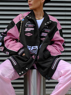 Women's Vintage Raglan Motorcycle Jacket Black and Pink with Slogan Print