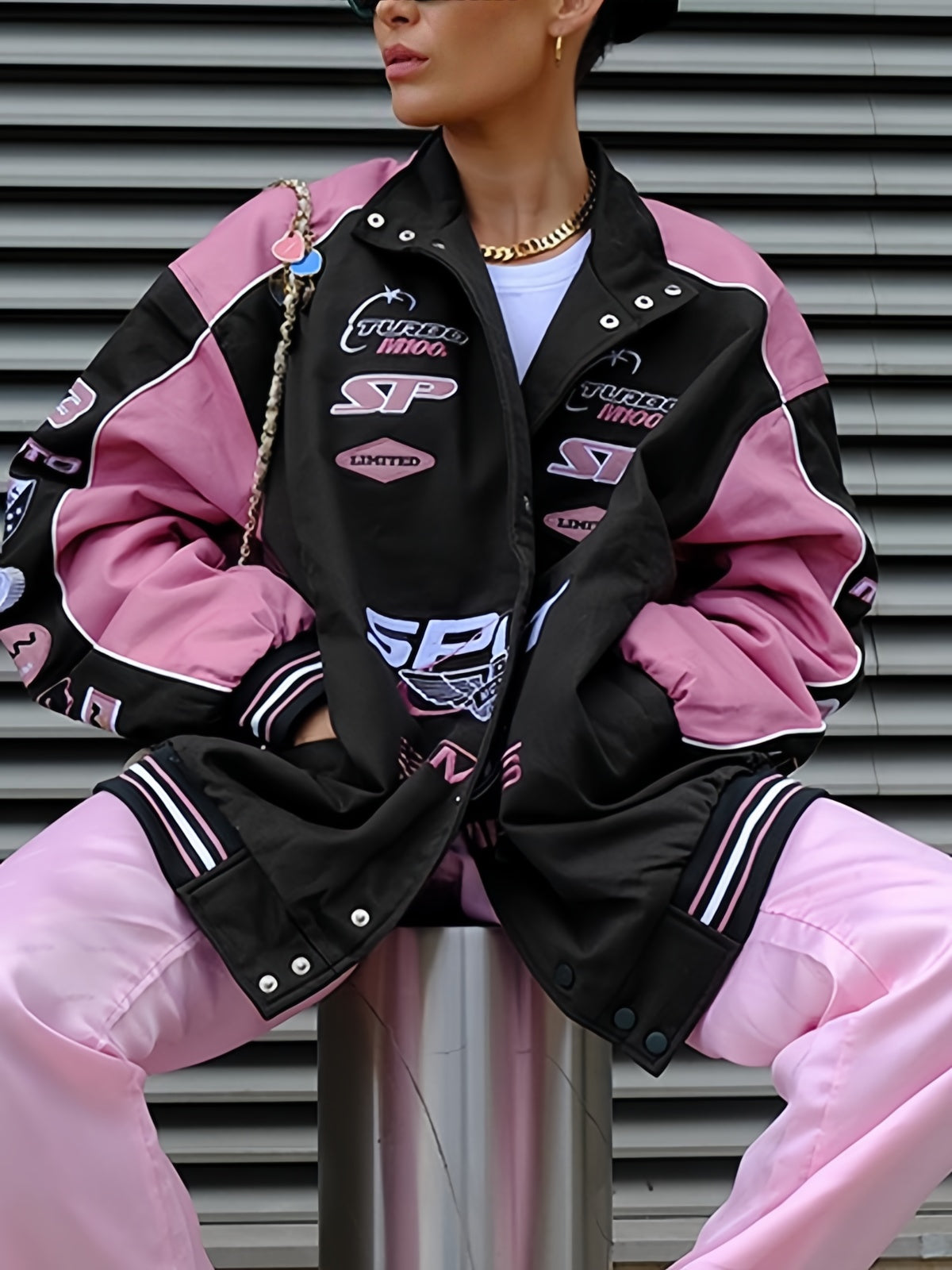 Women's Vintage Raglan Motorcycle Jacket Black and Pink with Slogan Print