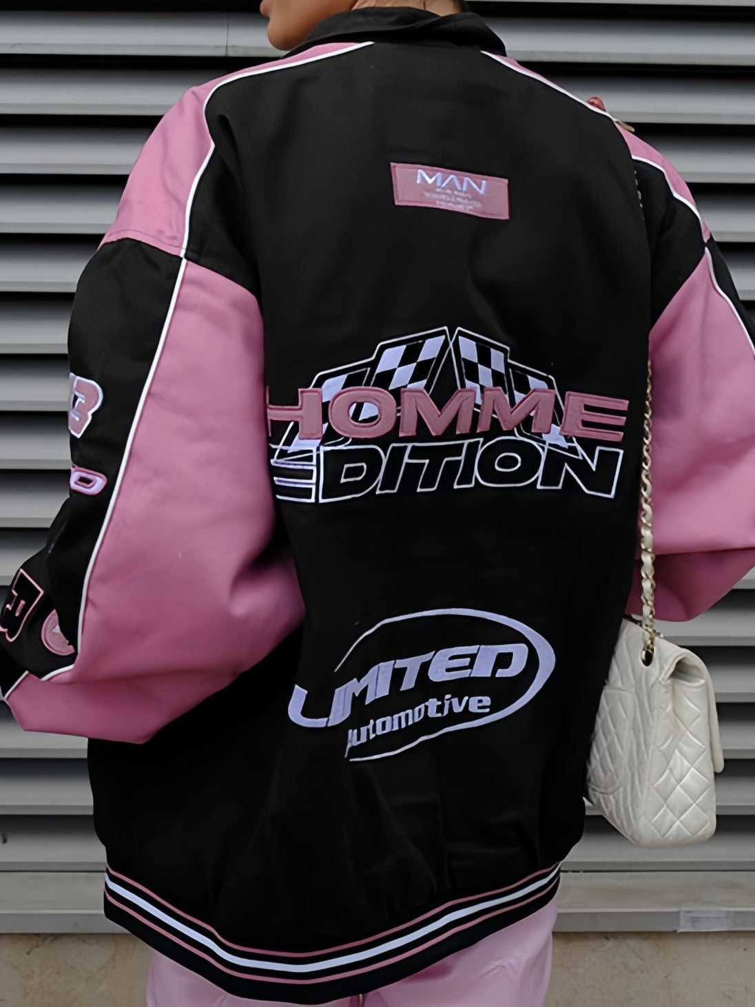 Women's Vintage Raglan Motorcycle Jacket Black and Pink with Slogan Print