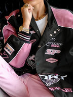 Women's Vintage Raglan Motorcycle Jacket Black and Pink with Slogan Print