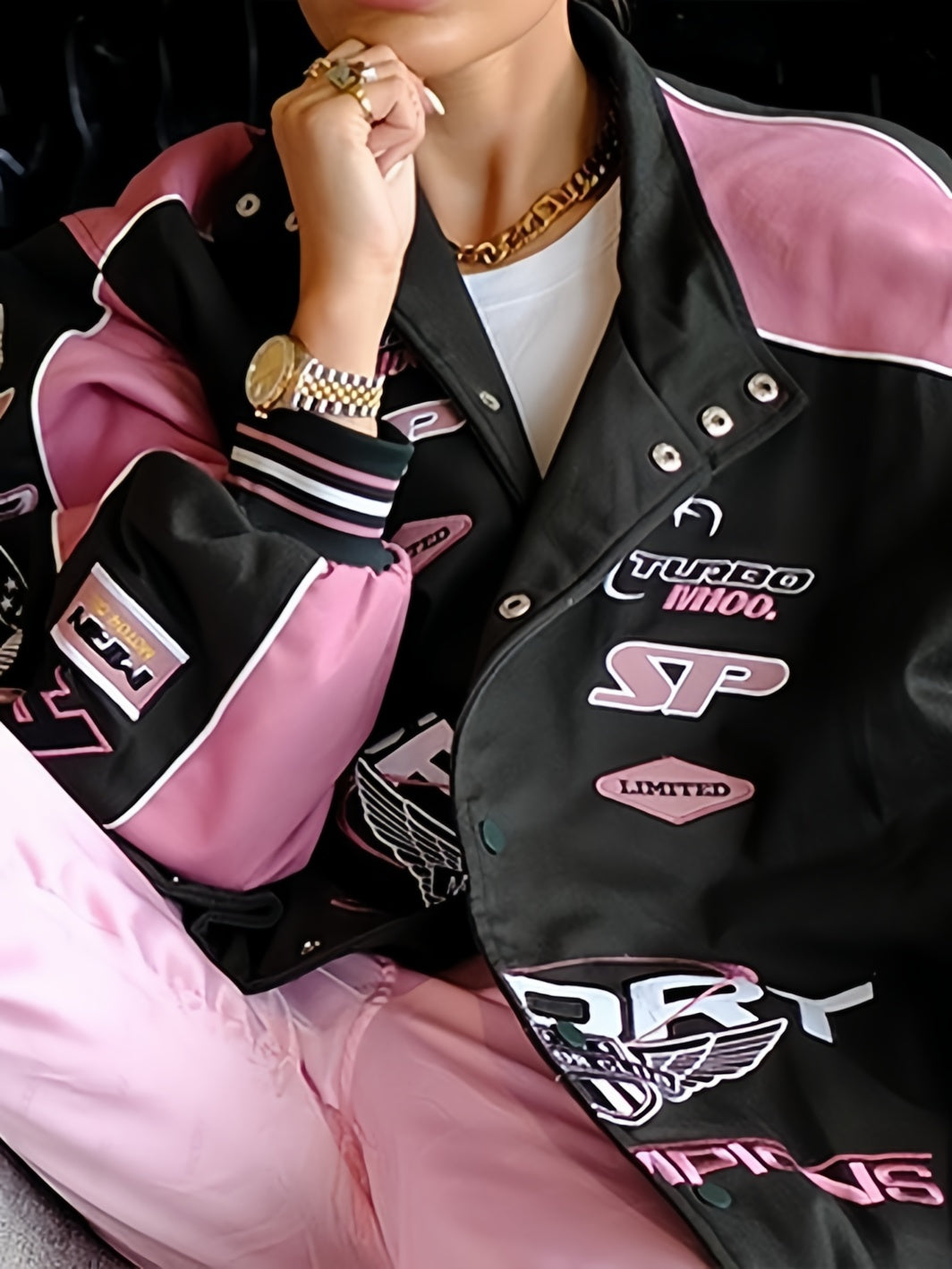 Women's Vintage Raglan Motorcycle Jacket Black and Pink with Slogan Print