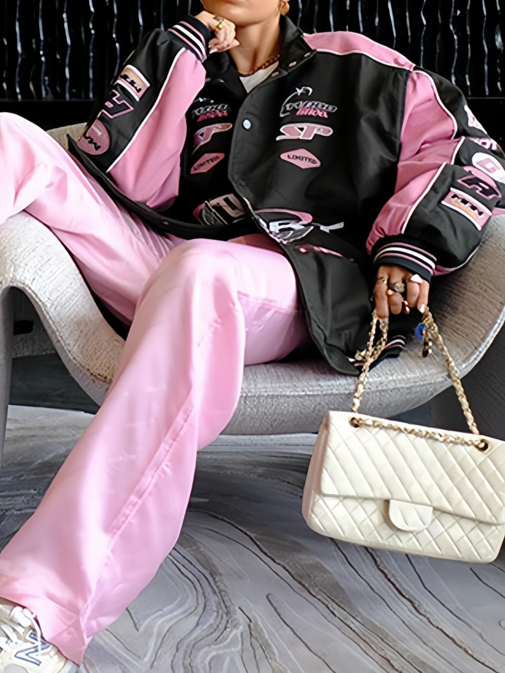 Women's Vintage Raglan Motorcycle Jacket Black and Pink with Slogan Print