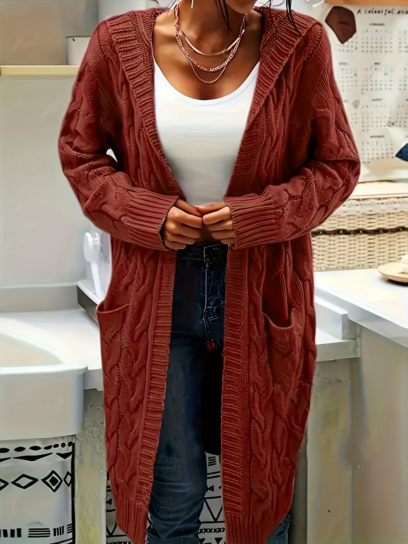 Plus Size, Women's Mid Length Hooded Cardigan with Button-Detail Pockets