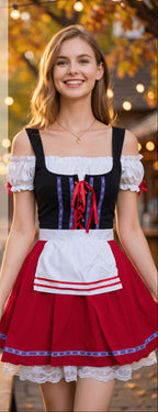 Carmen-Dirndl Kurzer Rock Schwarz Rot Kontrast-Schnürschürze