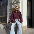 Women’s Burgundy Bomber Jacket with High Collar