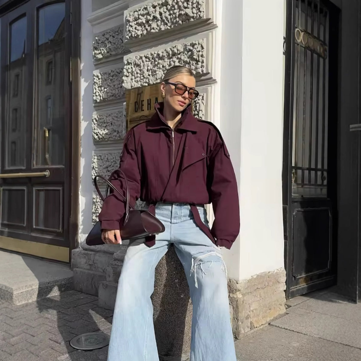 Women’s Burgundy Bomber Jacket with High Collar