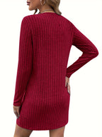 Solid Color Ribbed Dress, Women's Long Sleeve Casual Midi Knit Dress