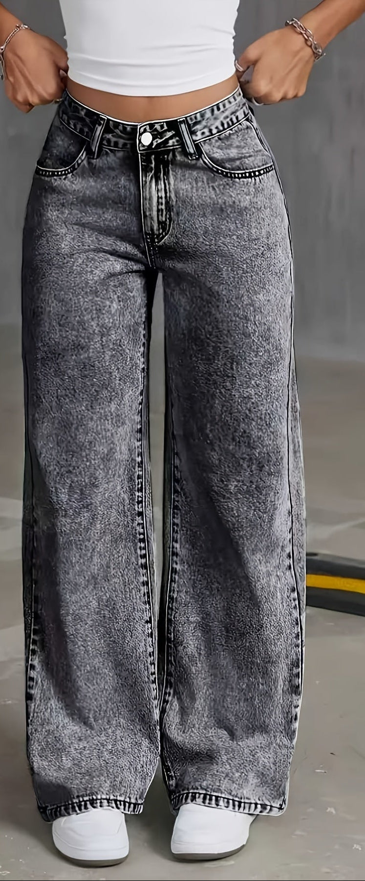 Damen Stretch Weite Loose Fit Gerade Graue Jeans | Denim-Hose mit Taschen
