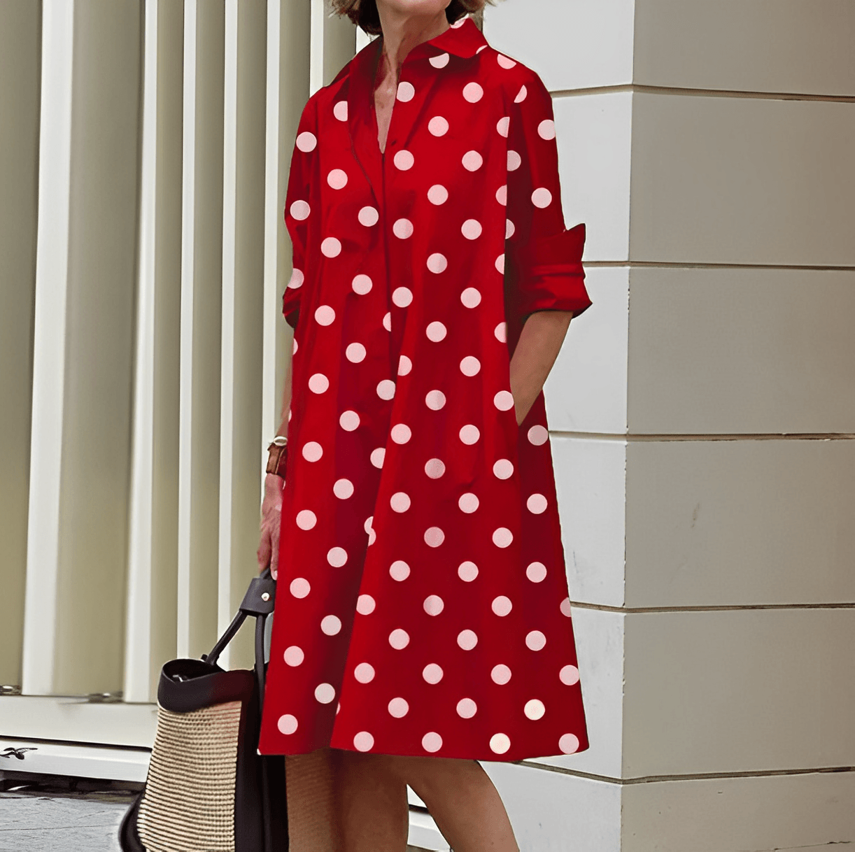Autumn Dress with Fold-Over Collar | Perfect for Cool Days - Red and White