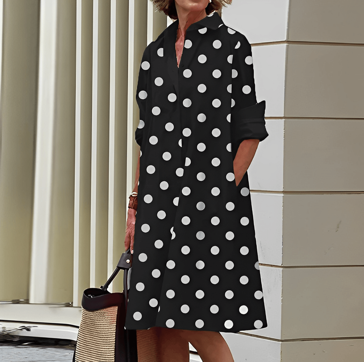 Autumn Dress with Fold-Over Collar | Perfect for Cool Days - Black and White