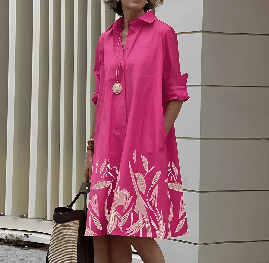 Autumn Dress with Fold-Over Collar | Perfect for Cool Days - Pink