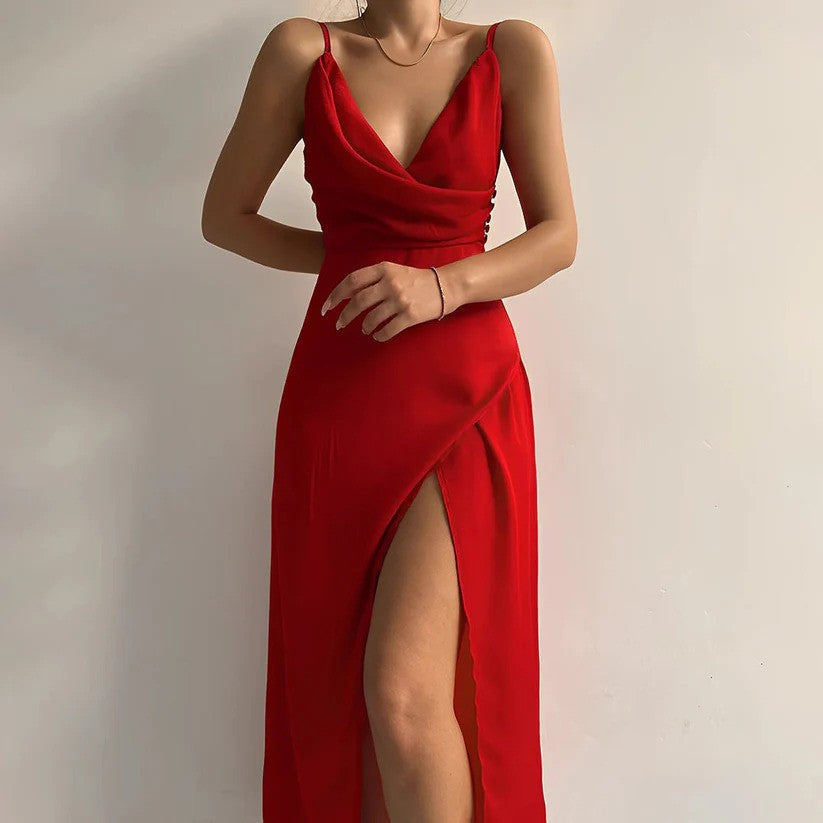 Summer Dress with Deep Neckline, Side Slits and Slim Sleeves | Perfect for Formal Occasions - Red