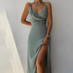 Summer Dress with Deep Neckline, Side Slits and Slim Sleeves | Perfect for Formal Occasions - Mint Green