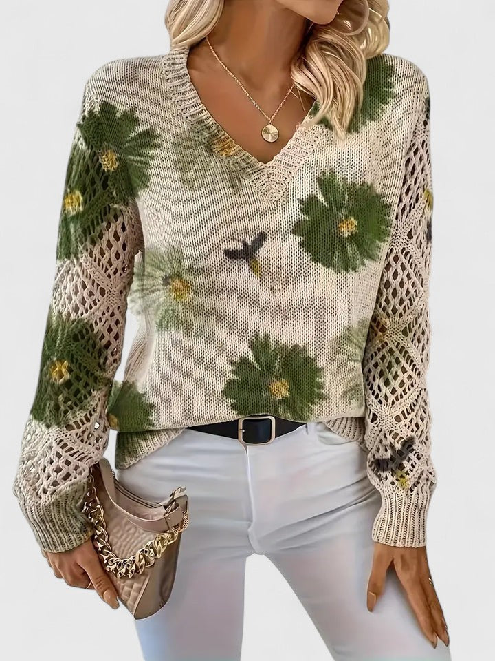 Women's Autumn Blouse with Floral Pattern and V-Neck - Green