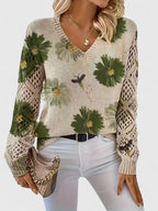 Women's Autumn Blouse with Floral Pattern and V-Neck - Green