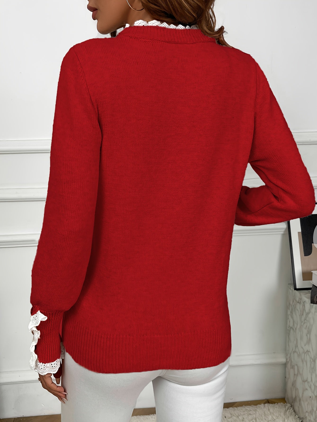 Damen Kuscheliger roter Rippenpullover mit Spitzenbesatz Lässige Langarm | Textur