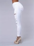 Gerissene High-Stretch Distressed Jeans, Reißverschluss-Knopfverschluss, einfarbige Slim Fit Denim Hose, Damen Jeans & Kleidung