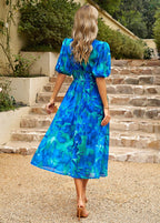 Women's Summer Midi Dress with V-Neck and Flared Silhouette - Blue