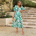 Women's Summer Midi Dress with V-Neck and Flared Silhouette - Green